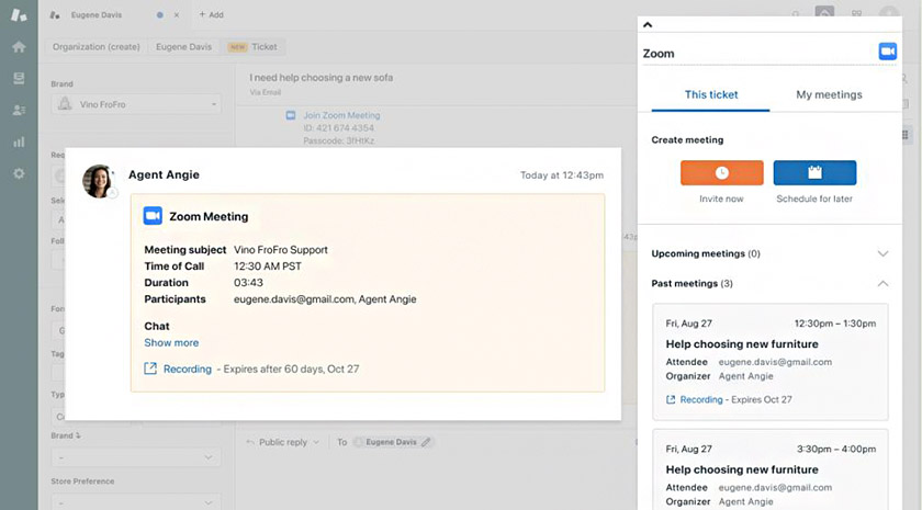 Zendesk interface showing a Zoom panel and a dialog box containing Zoom meeting details and a link to a recording.