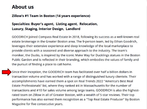 An About Us page with a team bio showcasing half a billion in transactions, plus lists numerous awards and accolades.
