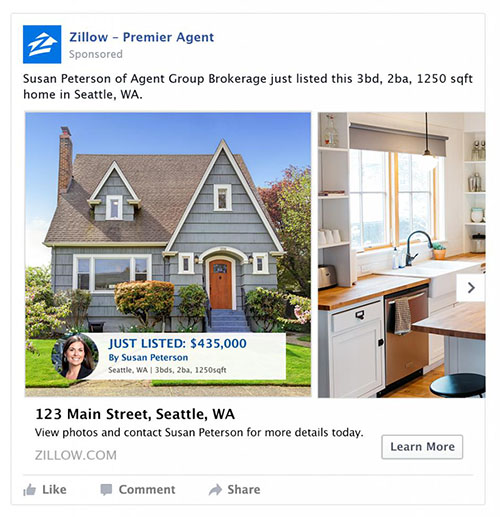 A photo-driven colorful ZPA Facebook ad for a listing.