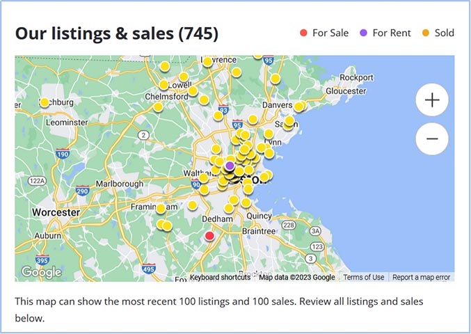 An agent territory map with dots for sold, for rent, and for sale listings.