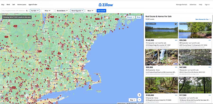 A Zillow land search with map and listings.