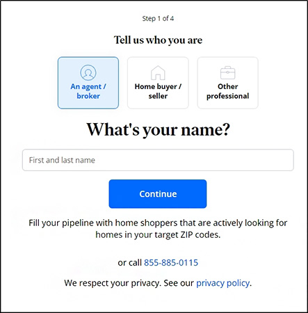 The sign-up box for agents to add their name and role.
