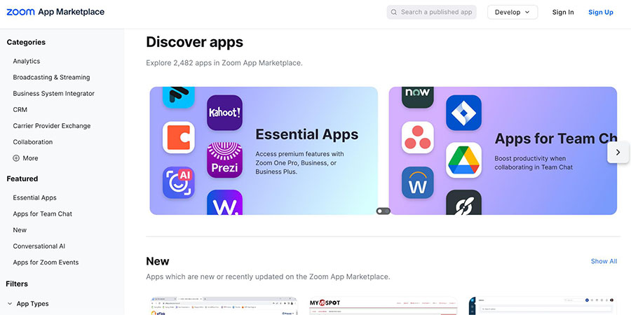 A screenshot of the Zoom App Marketplace portal.