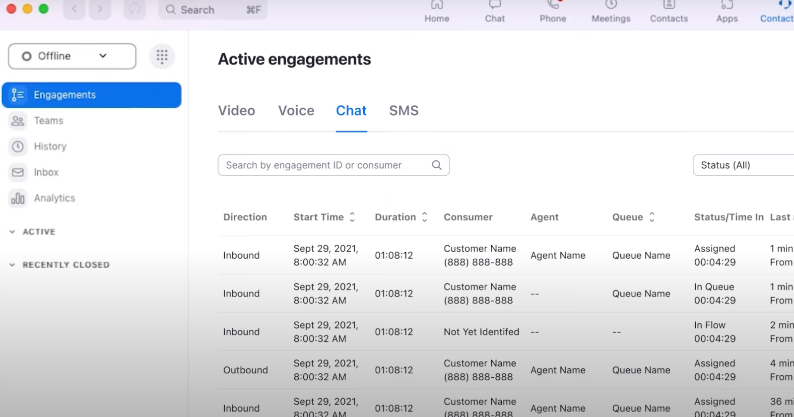 A screenshot of Zoom Contact Center's active engagements dashboard.