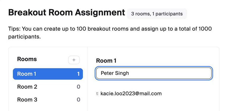 Zoom's settings interface for pre-assigning breakout room participants