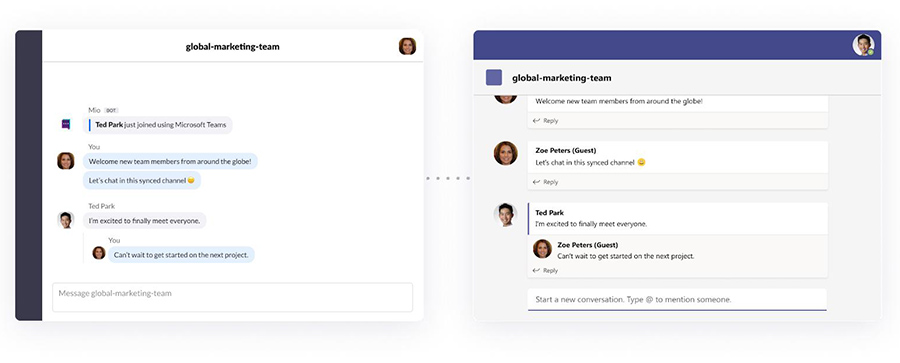 A Zoom chat window displaying a conversation in the “global-marketing-team” channel and a Microsoft Teams chat window showing the same channel and conversation.