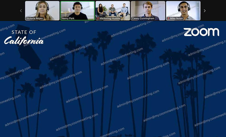 An ongoing Zoom meeting with five thumbnails at the top of the screen, a shared screen showing the words “State of California,” and watermarks all over the screen.