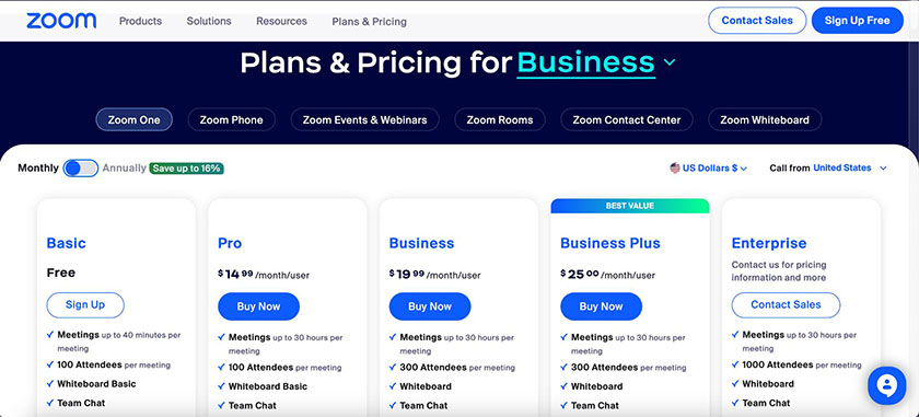 Screenshot of Zoom's plan and pricing page detailing different monthly rates of each business plan.