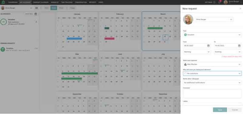 Absence.io lets you set up and approve leave from the calendar.