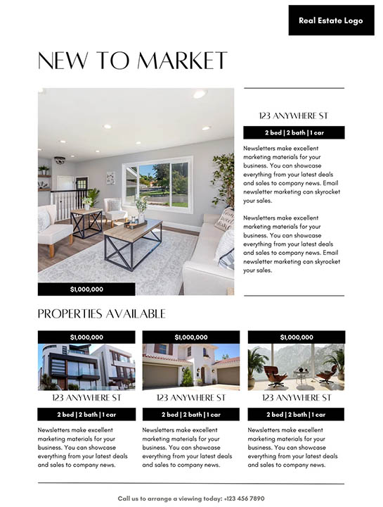 Screenshot of a agent newsletter with images of new real estate listings