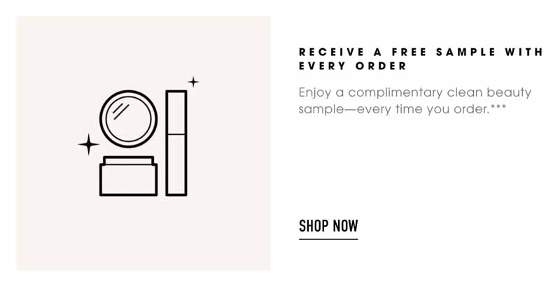Beauty brand bareMinerals' "shop now" prompt on their site with a reminder that every order comes with a free item.