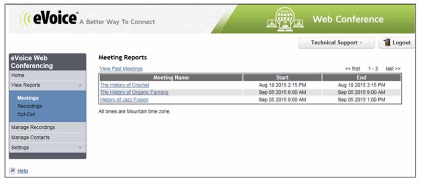 eVoice page showing a listing of meeting reports and concluded meting.