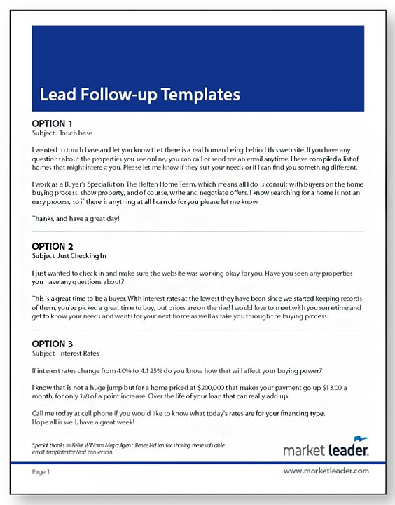 Screenshot of page with lead follow up email language