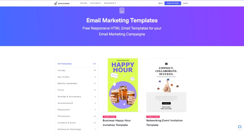 Benchmark's email templates for various campaigns.