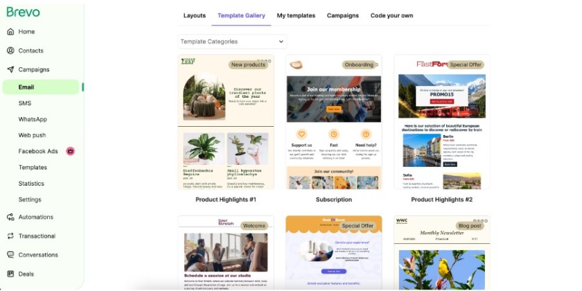 Brevo's email templates for various campaigns.