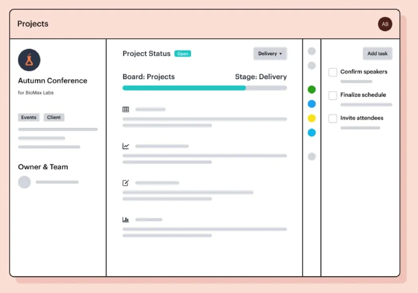 Capsule CRM’s project management dashboard showing the project status of a specific account.
