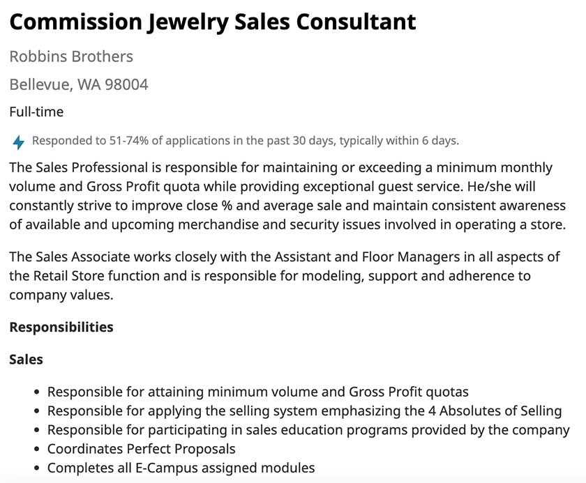 Commission Jewelry Sales Consultant job description from Indeed.