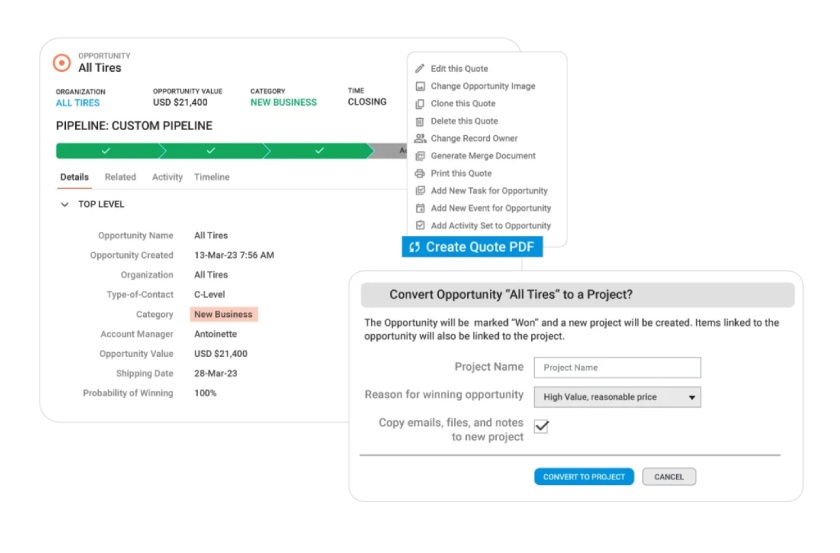 Insightly CRM’s convert-to-project option to create a new project for the won project.
