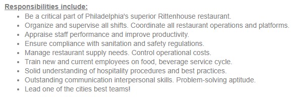Job responsibilities of a restaurant manager from a job posting by The Love restaurant.
