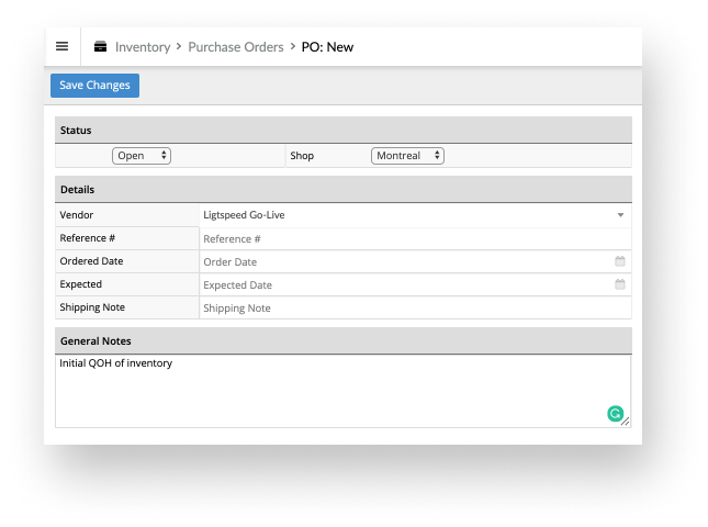 Lightspeed Retail POS purchase order screen.