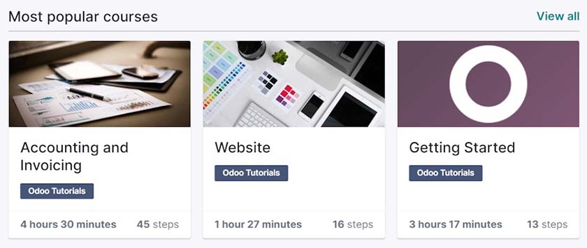 Odoo tutorials webpage with available courses.