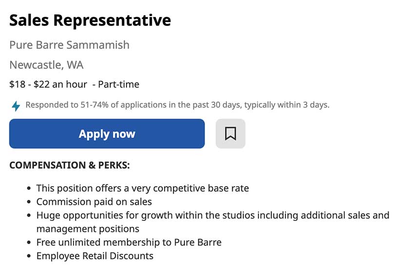 Sales Representative for Pure barre Sammamish job posting from Indeed.