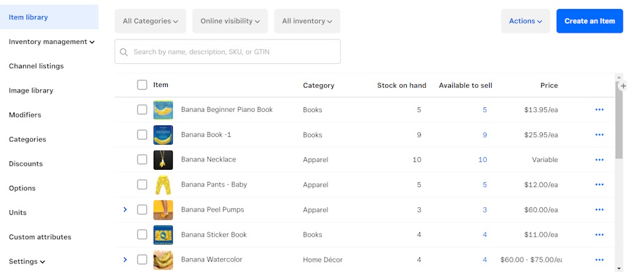 Square inventory list screen with individual items.