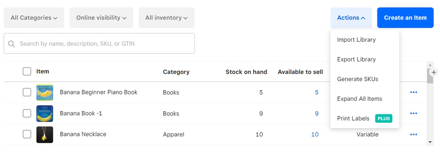 Square inventory management screen with import option.