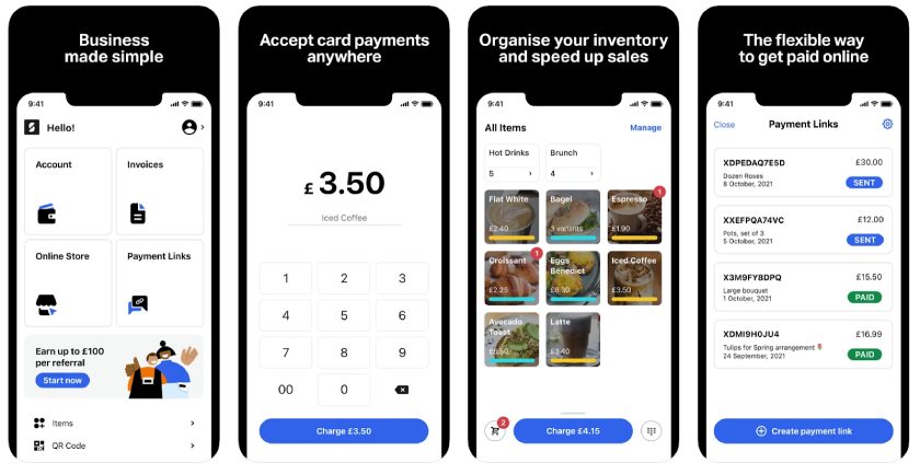 SumUp payment app with sample transactions.