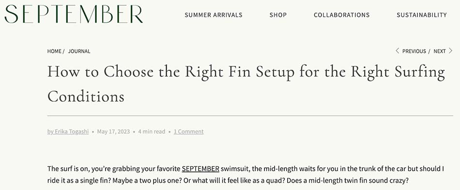 Swimsuit brand September has a blog where it includes internal links.
