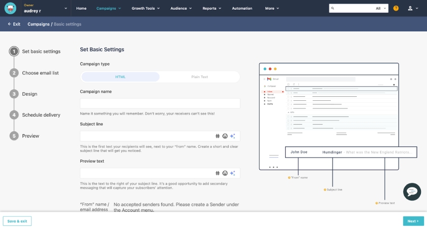The setup process of an email campaign in Moosend.
