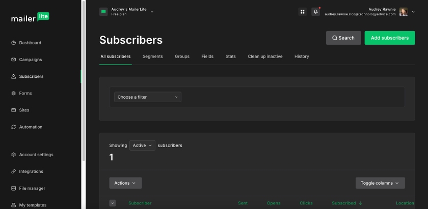 The subscriber tab of MailerLite's dashboard.