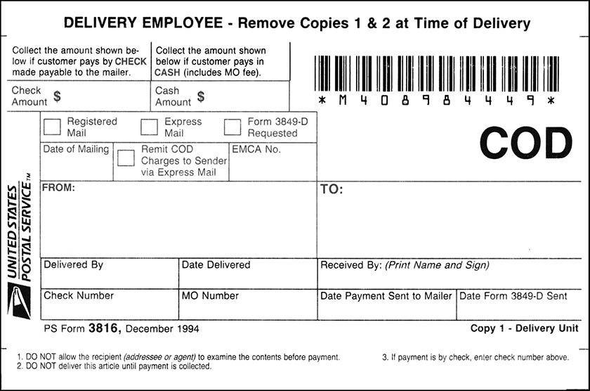 United States Postal Service Cash on Delivery mailing label.