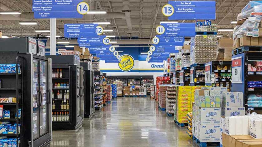 View of grocery store aisles with blue overhead signage over each aisle entry.