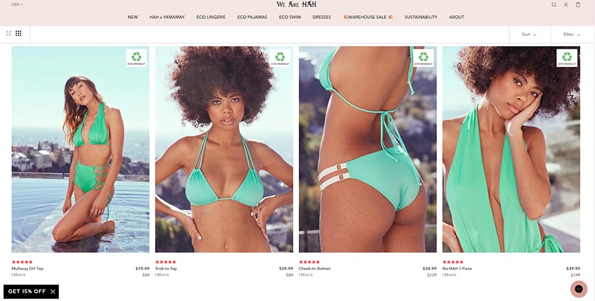 We Are Hah shopping page with green bikinis on sale.