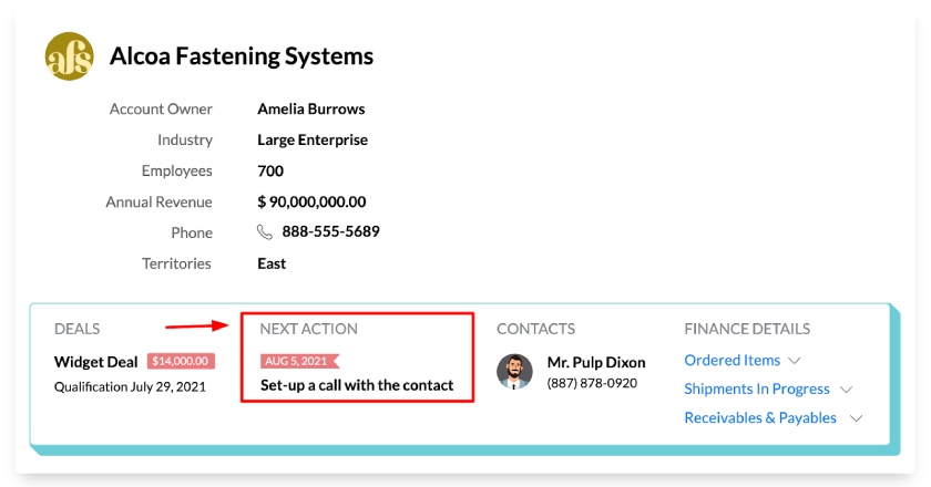 Zoho CRM's automation showing setting up a call with the contact as the next best action.
