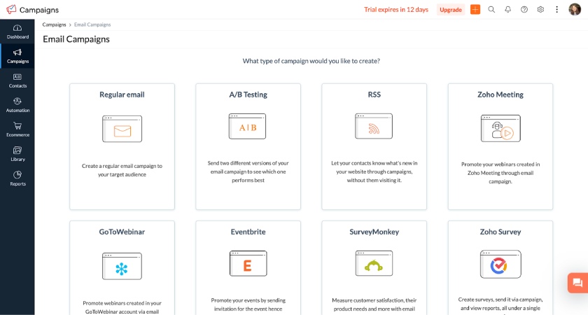 Zoho Campaigns' dashboard for managing email campaigns.