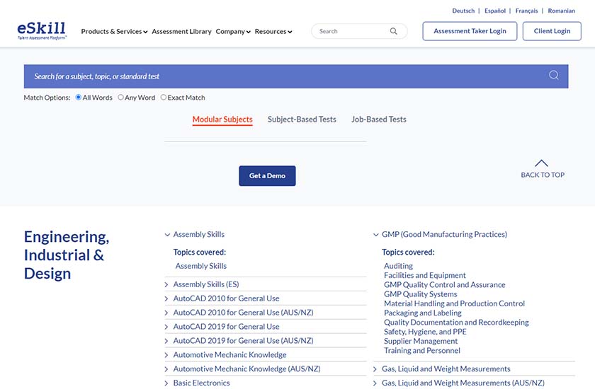 Screenshot of the eSkill library showing engineering tests offered.