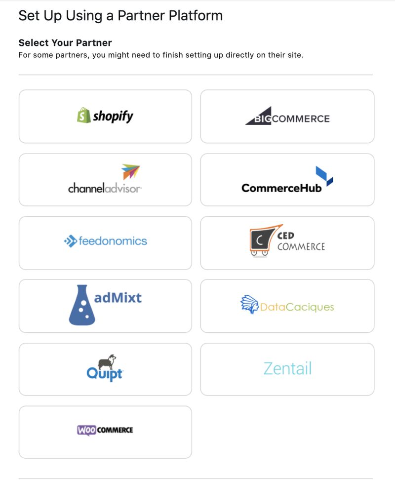 A list of partner platforms to integrate a Facebook shop