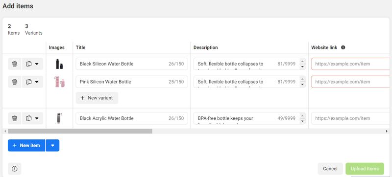 Product upload interface showing three water bottles with fields for images, title, description, and website link. Includes "New item" and "Upload items" buttons.
