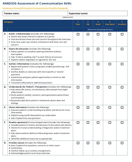 skills assessment spreadsheet with check boxes for quality evaluation.