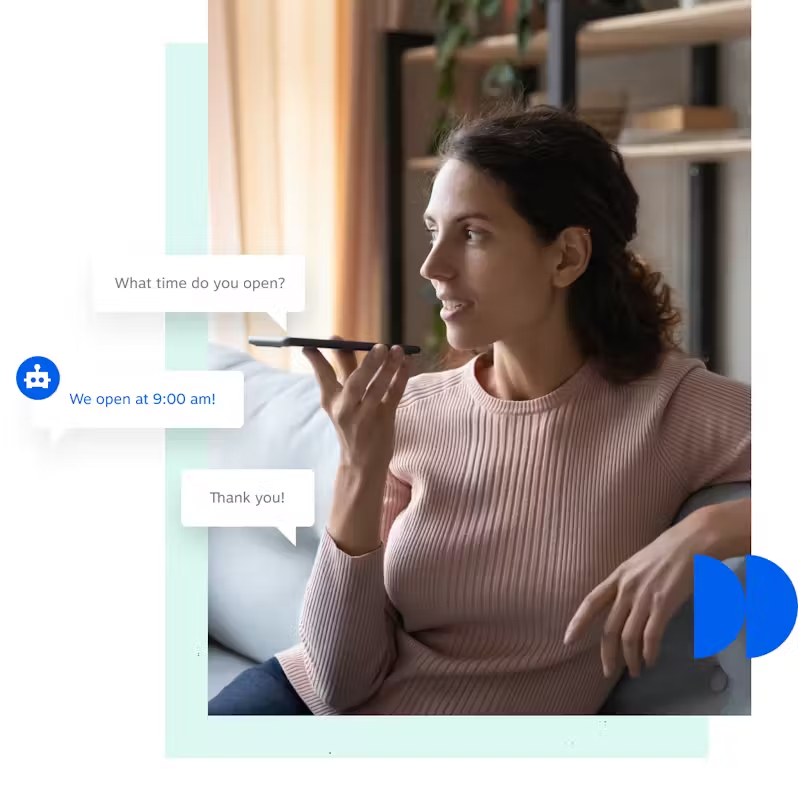A woman holding a phone close to her mouth and three chat bubbles showing a conversation about business opening hours.