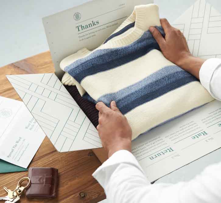 Pulling a folded sweater from a Stitch Fix box.