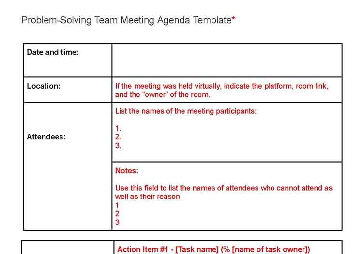 Problem solving team meeting agenda template.