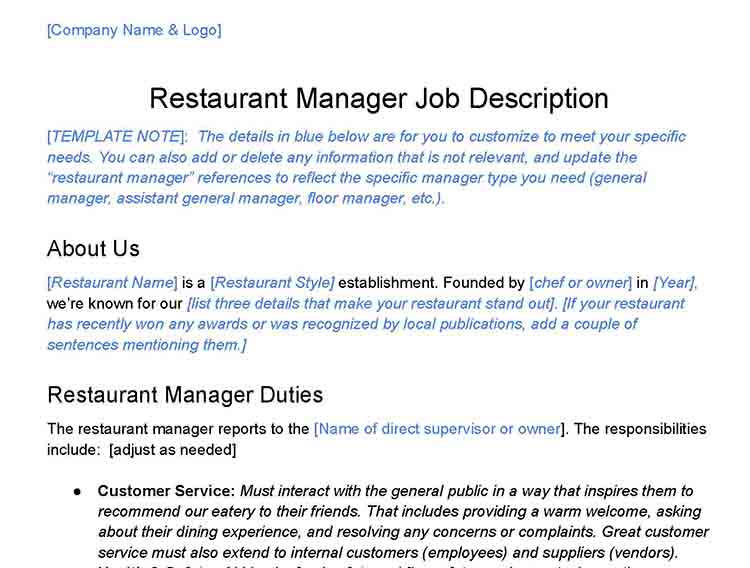 Restaurant manager job description template.