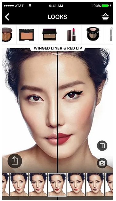 Sephora app displaying how various beauty products would look on a consumer's face.