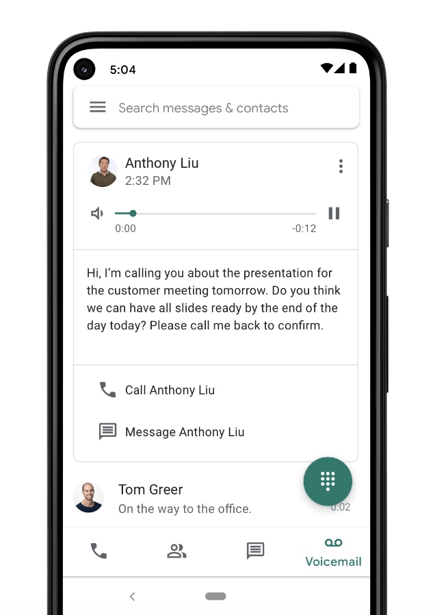 Google Voice's voicemail transcription on a mobile phone.