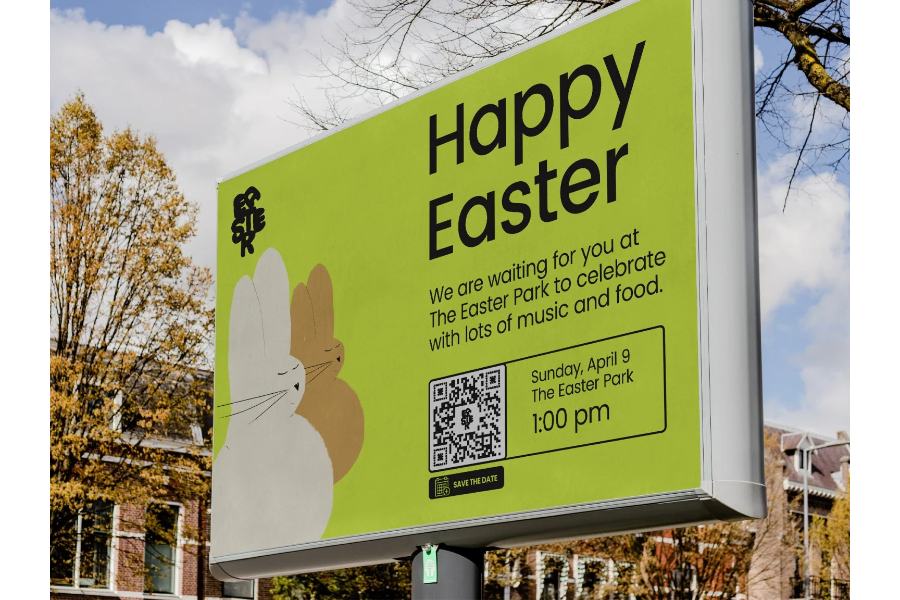 A mockup of a billboard ad with a QR code to book an appointment for an event.