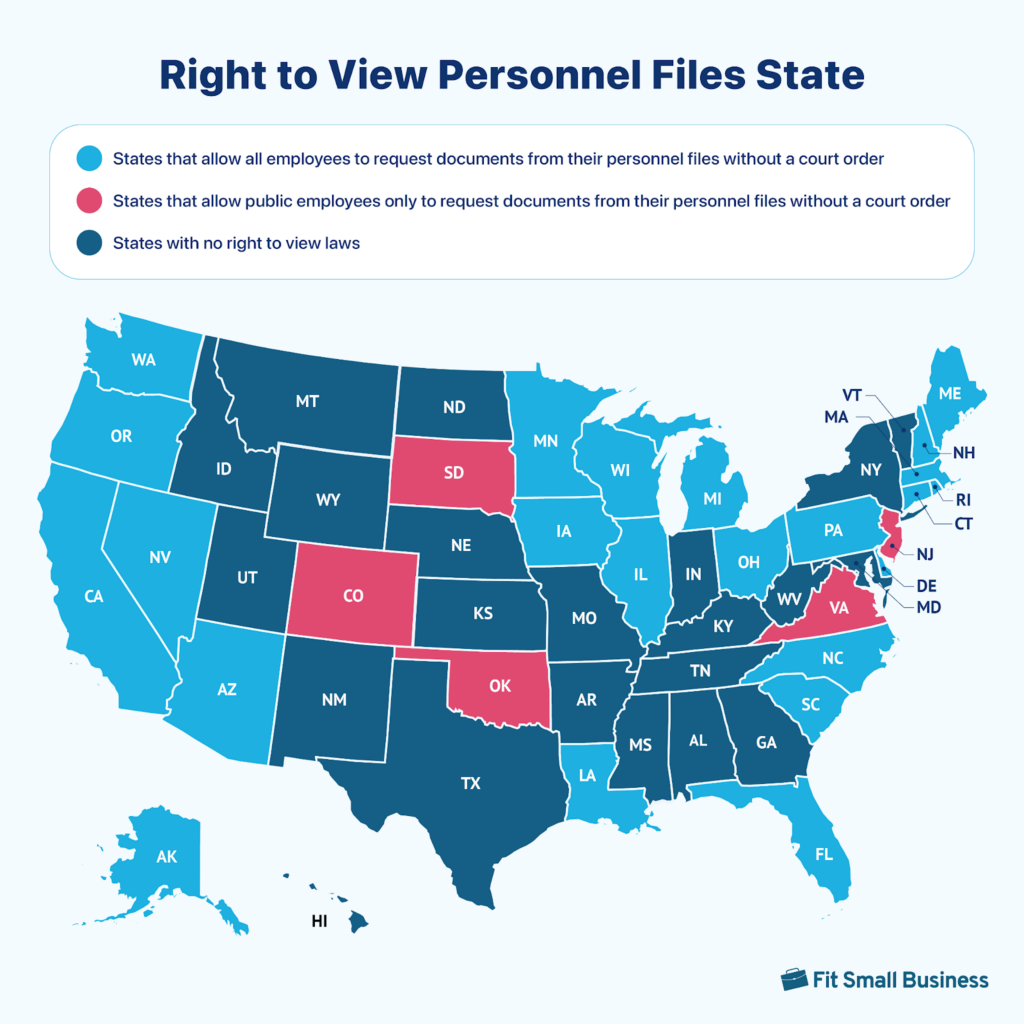 Color coded map showing states where employees have the right to view their personnel files.