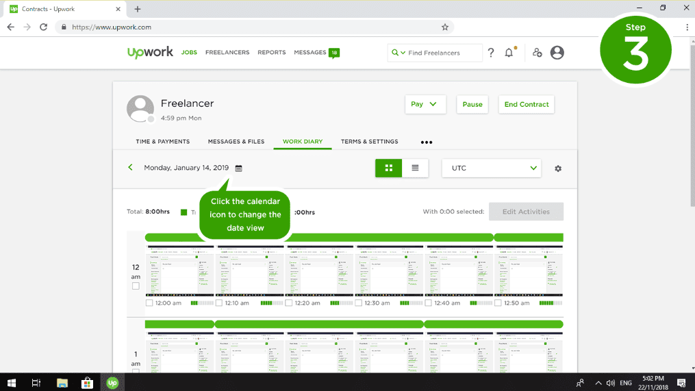 An Upwork work diary report showing hours logged.